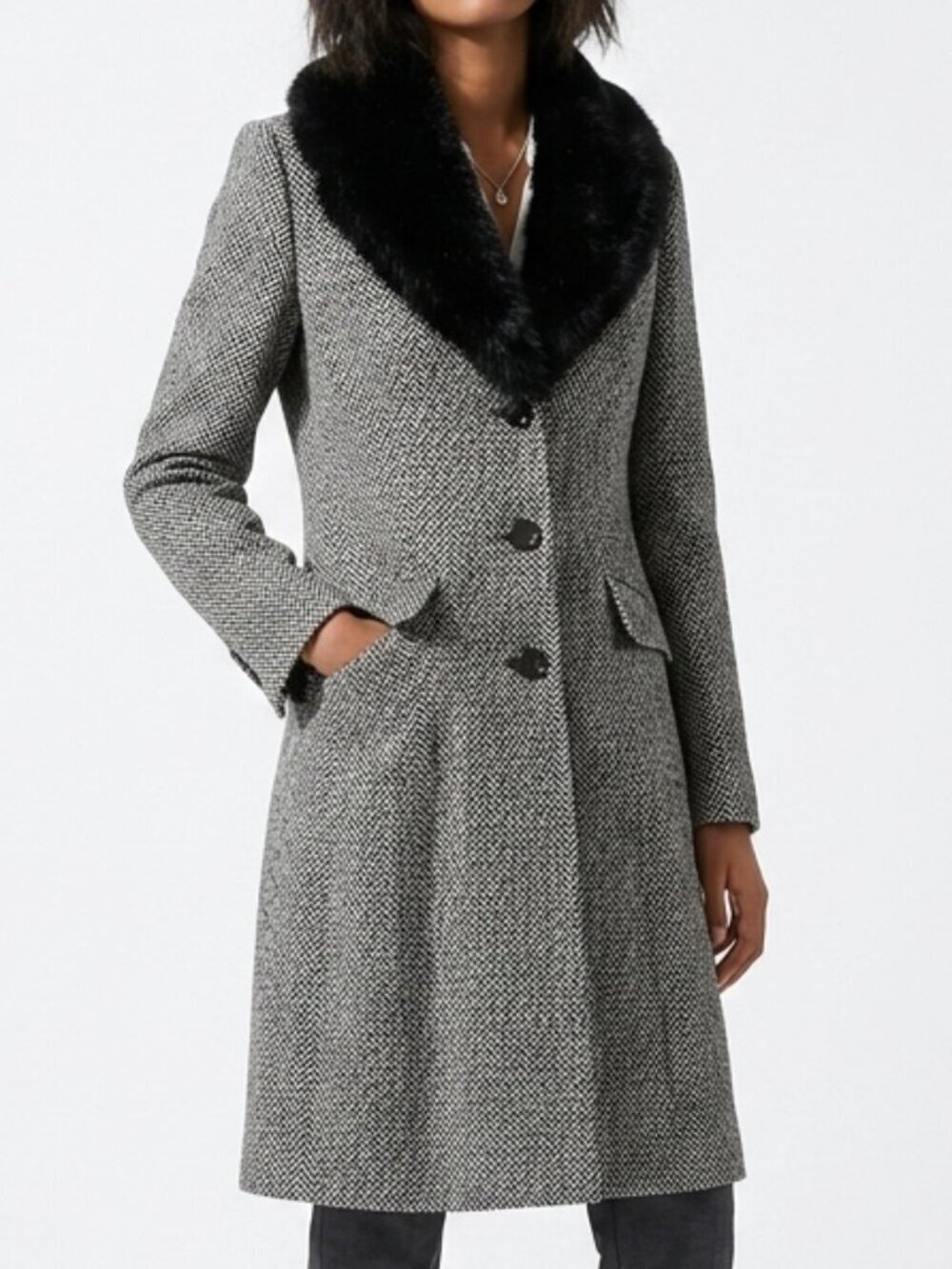 Faux Fur Herringbone Coat Black Ivory Small Vintage Y2K